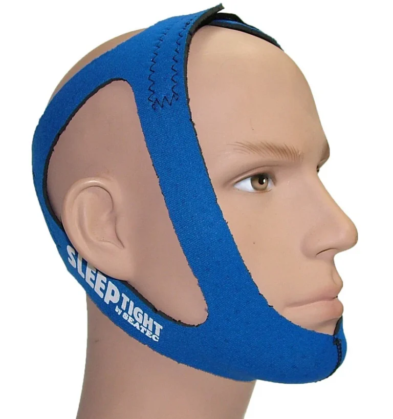 Mannequin displaying a blue SleepTight CPAP chin strap by Seatec.