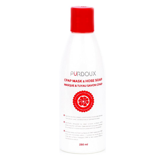 CPAP mask and hose soap bottle with distinctive red cap and label design.
