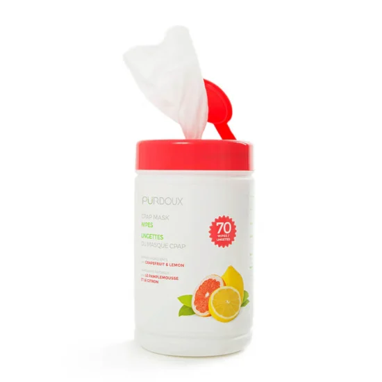 Purdoux CPAP mask wipes with grapefruit and lemon scent in a red-capped container.