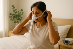 A woman adjusting her CPAP mask while sitting on a bed