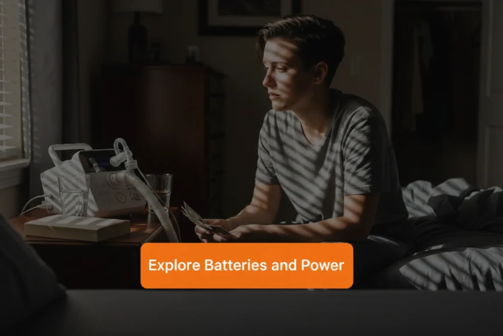 Person using CPAP machine with portable battery at home